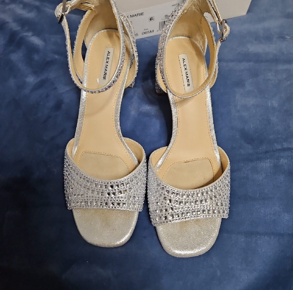 Alex Marie Silver Glitter Block Heel Sandals with Ankle Strap - Picture 2 of 5
